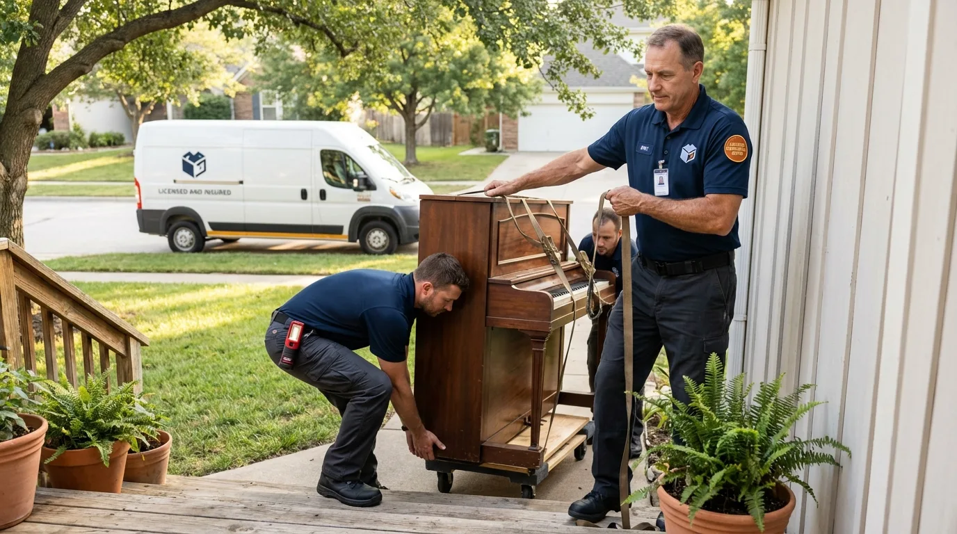 Licensed piano movers securing grand piano in Alloway, NJ