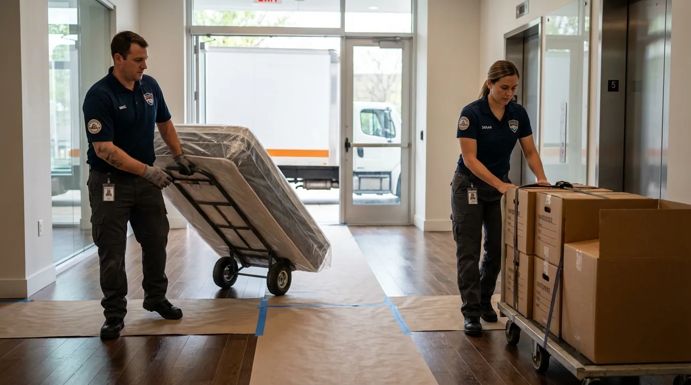 Professional apartment movers loading elevator in Alloway, NJ